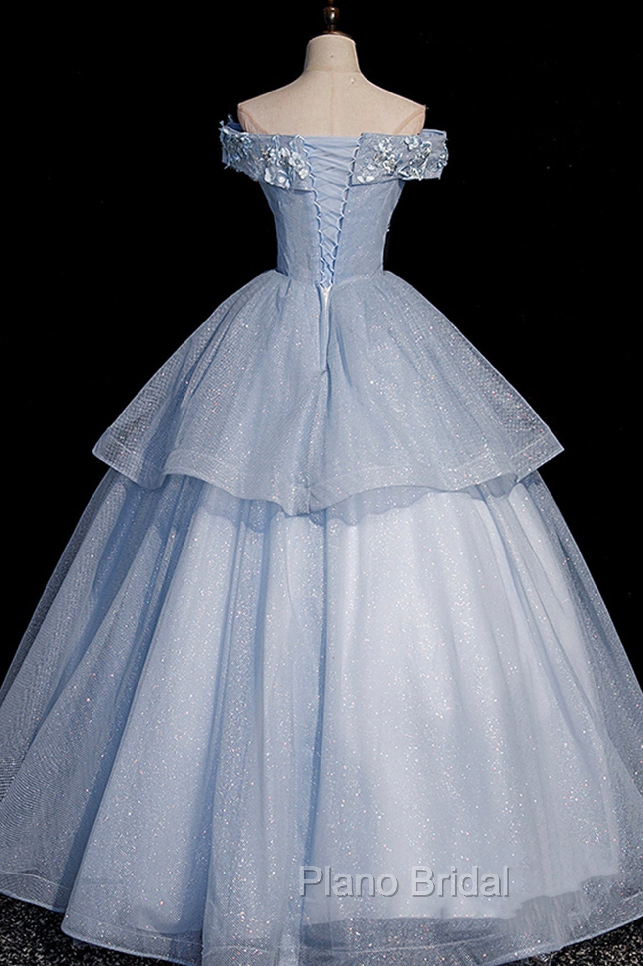 Ball Gown Blue Tulle Lace Long Party Dresses, Off the Shoulder Evening Dresses