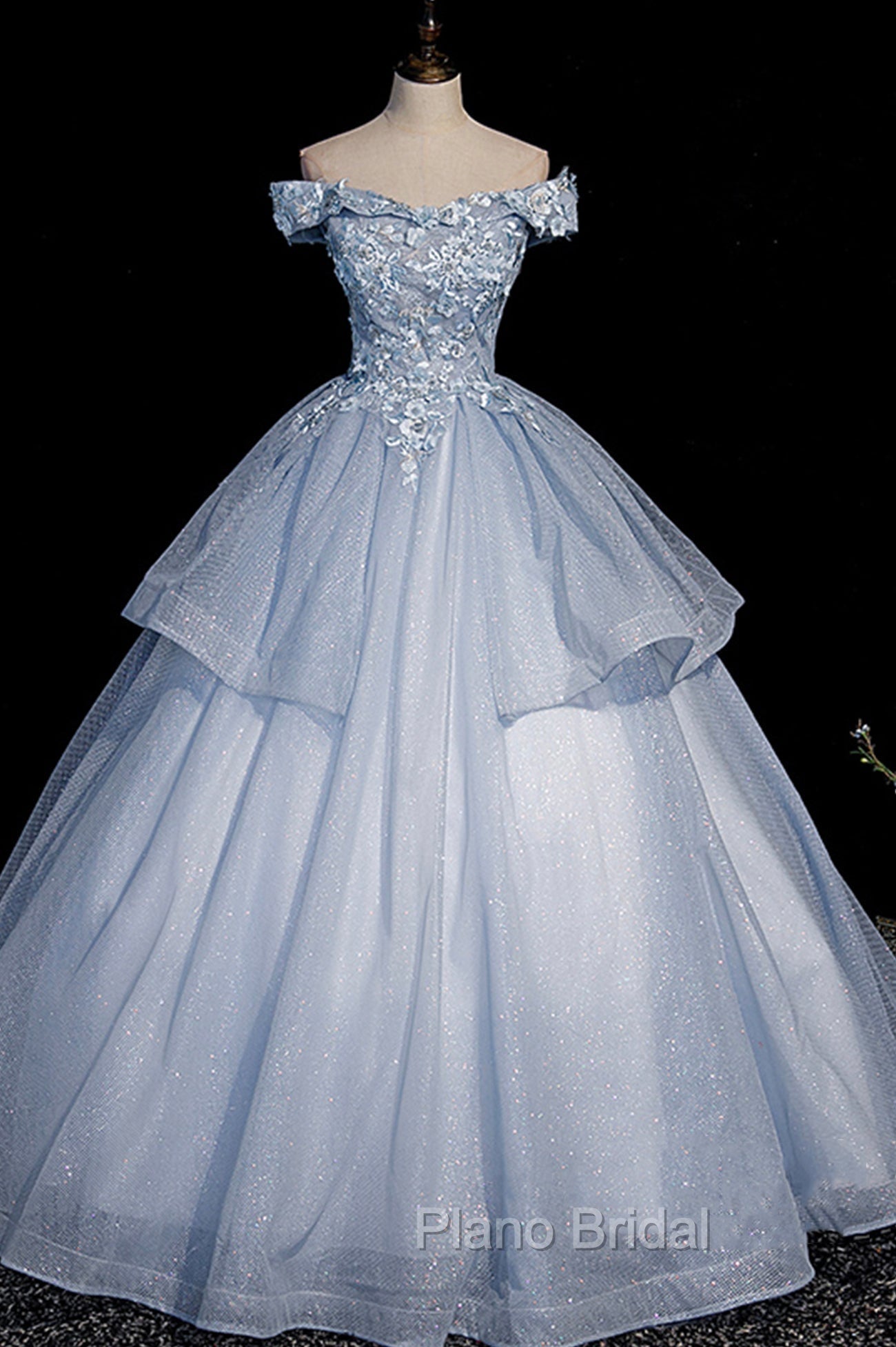 Ball Gown Blue Tulle Lace Long Party Dresses, Off the Shoulder Evening Dresses Main image