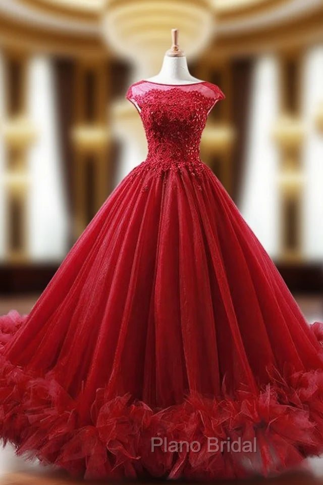 Ball Gown Burgundy Tulle Appliques Backless Wedding Dresses