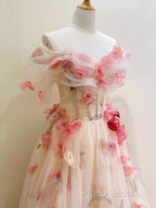 Ball Gown Champagne Floral Formal Prom Dresses Long Party Dresses