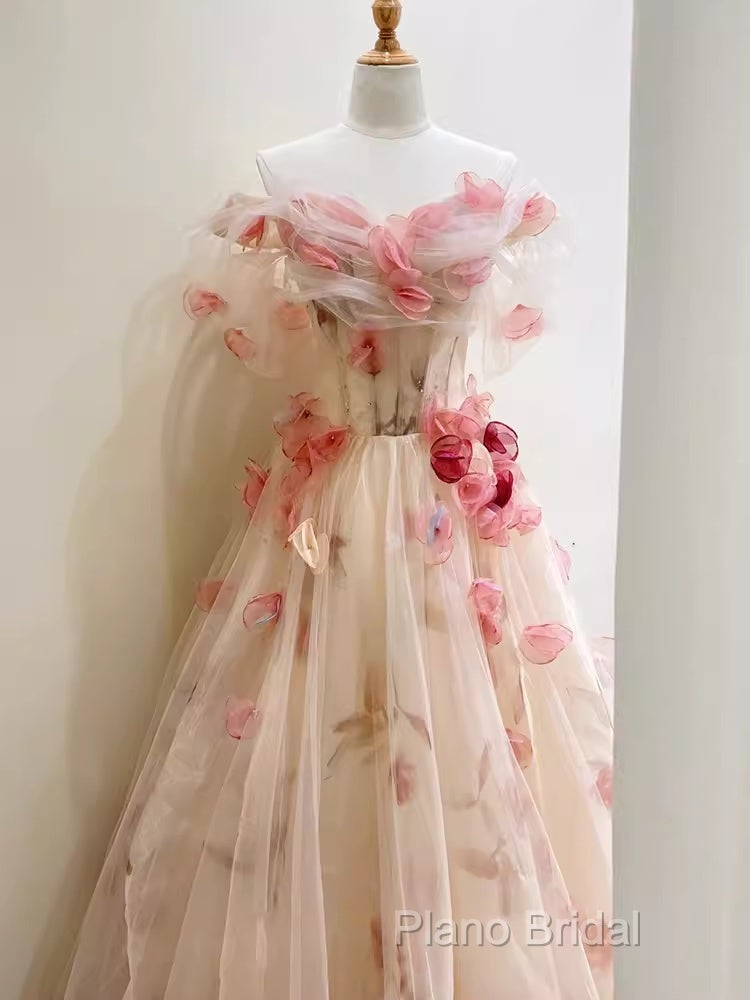Ball Gown Champagne Floral Formal Prom Dresses Long Party Dresses