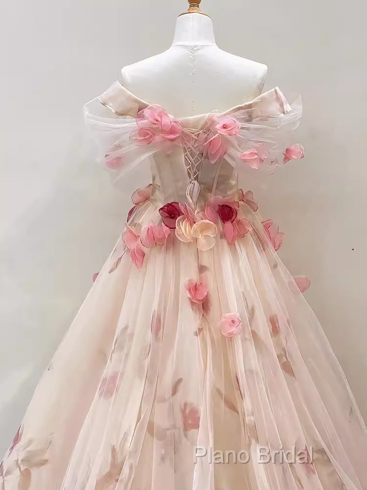Ball Gown Champagne Floral Formal Prom Dresses Long Party Dresses