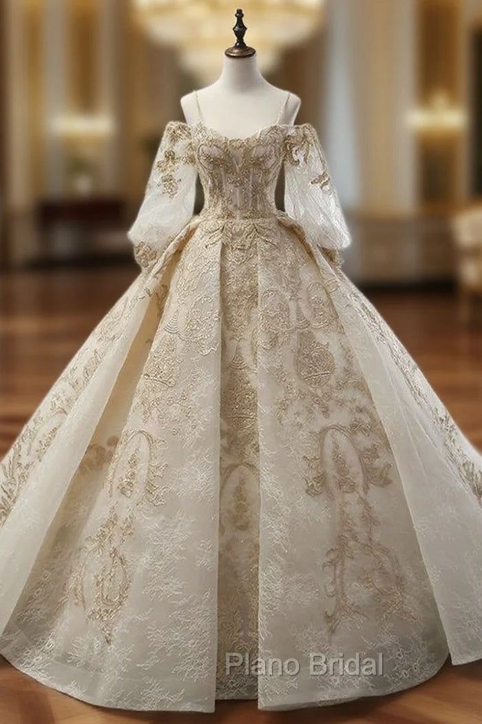 Ball Gown Champagne Tulle Gold Lace Appliques Ruff Sleeve Wedding Dresses Main image