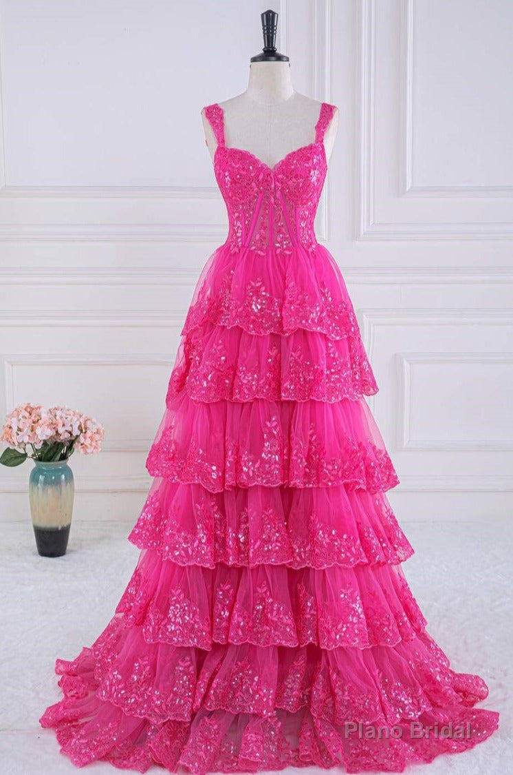 Ball Gown Corset Layered Fuchsia Prom Dresses Sweetheart Sequin Main image