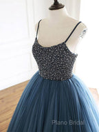 Ball Gown Deep Blue Tulle Formal Prom Dresses Formal Dresses With Beading,