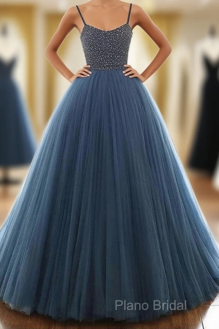 Ball Gown Deep Blue Tulle Formal Prom Dresses Formal Dresses With Beading, Main image