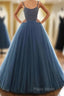 Ball Gown Deep Blue Tulle Formal Prom Dresses Formal Dresses With Beading,