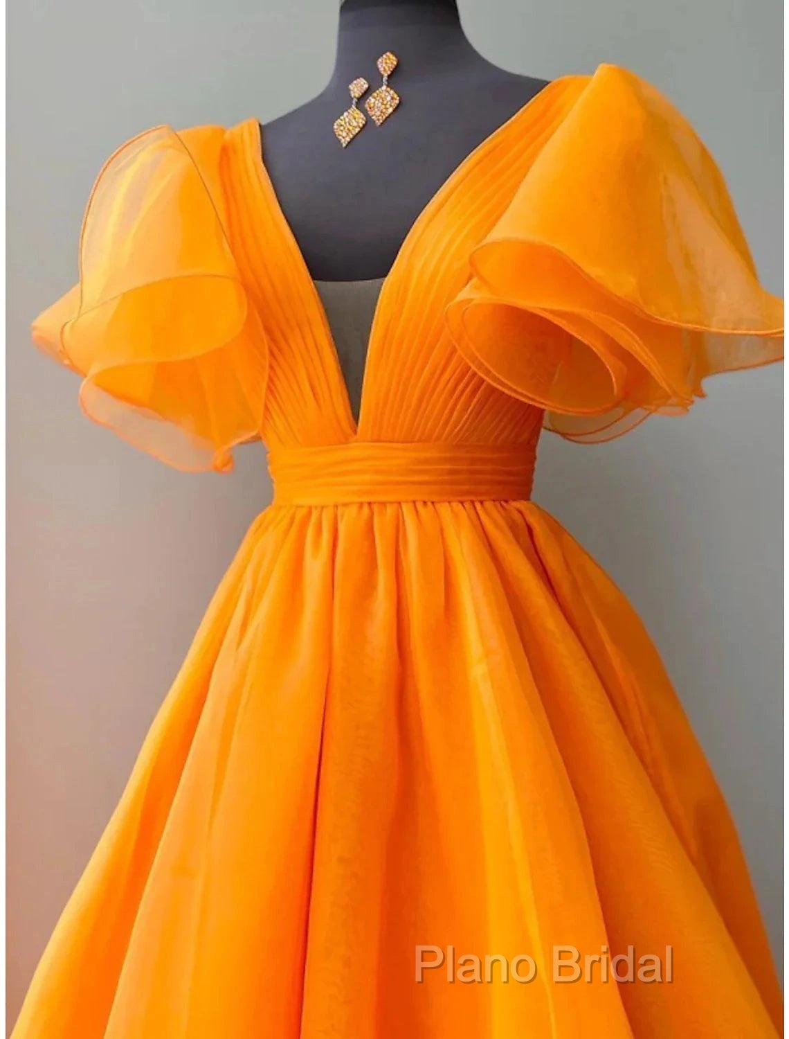 Ball Gown Formal Gown Celebrity Style Dresses Wedding Party Dresses Floor Length Short Sleeve V Neck Fall Wedding Guest Organza With Pleats Ruffles Secondary image