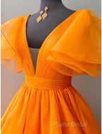 Ball Gown Formal Gown Celebrity Style Dresses Wedding Party Dresses Floor Length Short Sleeve V Neck Fall Wedding Guest Organza With Pleats Ruffles