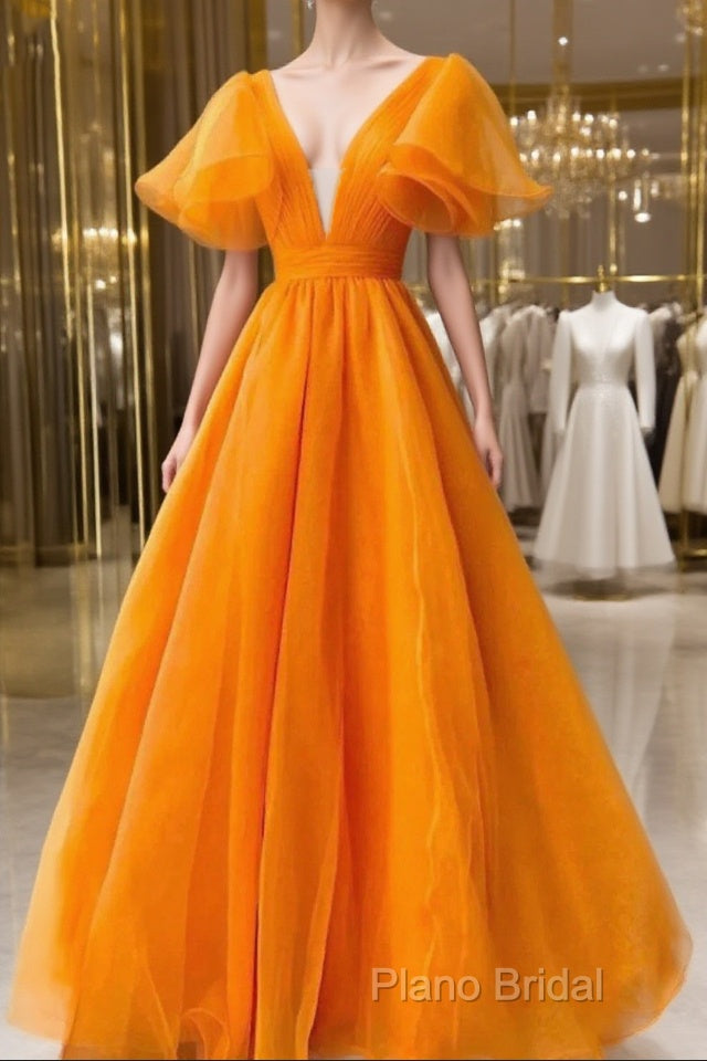 Ball Gown Formal Gown Celebrity Style Dresses Wedding Party Dresses Floor Length Short Sleeve V Neck Fall Wedding Guest Organza With Pleats Ruffles Main image