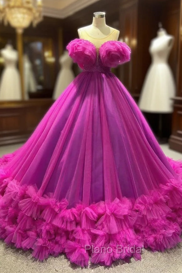 Ball Gown Fuchsia Tulle Pearls Formal Prom Dresses