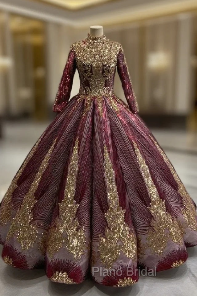 Ball Gown Gold Sequins Long Sleeve High Neck Formal Prom Dresses