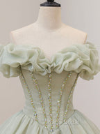 Ball Gown Green Long Formal Prom Dresses, Green Formal Sweet 16 Dresses with Beading