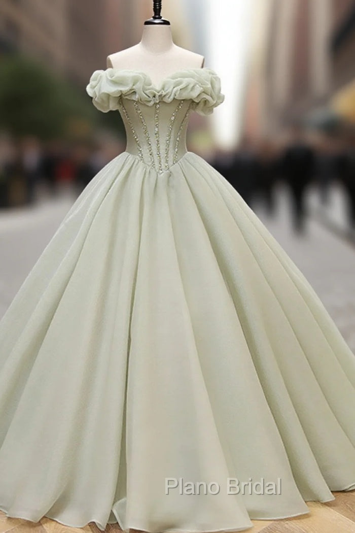 Ball Gown Green Long Formal Prom Dresses, Green Formal Sweet 16 Dresses with Beading