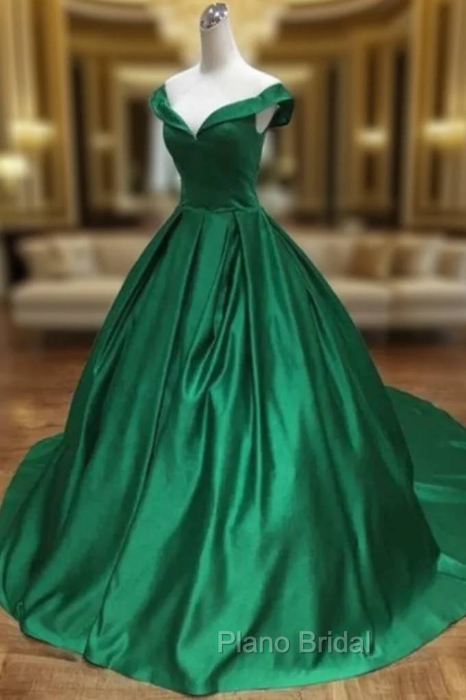Ball Gown Green Satin Off the Shoulder Formal Prom Dresses