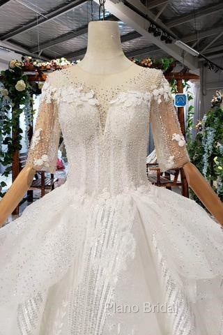 Ball Gown Half Sleeves Lace Bridal Dresses With Sequins, Princess Long Wedding Dresses