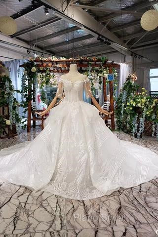 Ball Gown Half Sleeves Lace Bridal Dresses With Sequins, Princess Long Wedding Dresses