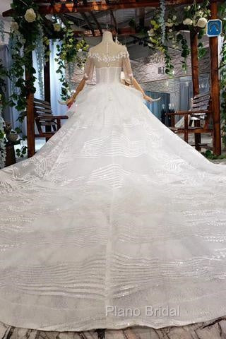 Ball Gown Half Sleeves Lace Bridal Dresses With Sequins, Princess Long Wedding Dresses