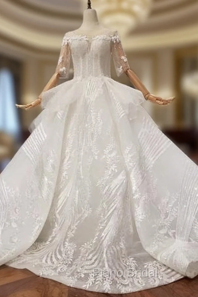 Ball Gown Half Sleeves Lace Bridal Dresses With Sequins, Princess Long Wedding Dresses
