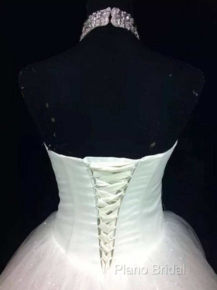 Ball-Gown Halter Beading Floor-Length Tulle Wedding Dresses