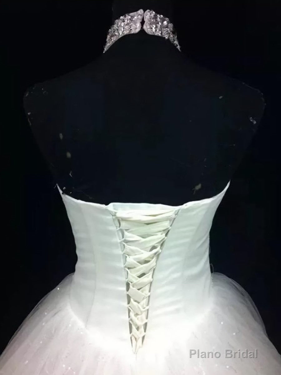 Ball-Gown Halter Beading Floor-Length Tulle Wedding Dress