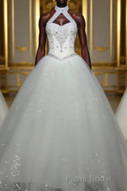 Ball Gown Halter Floor-Length Tulle Wedding Dresses With Beading