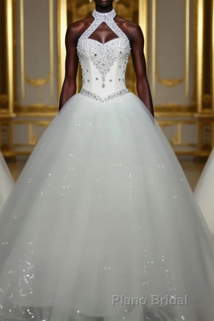 Ball Gown Halter Floor-Length Tulle Wedding Dresses With Beading Main image
