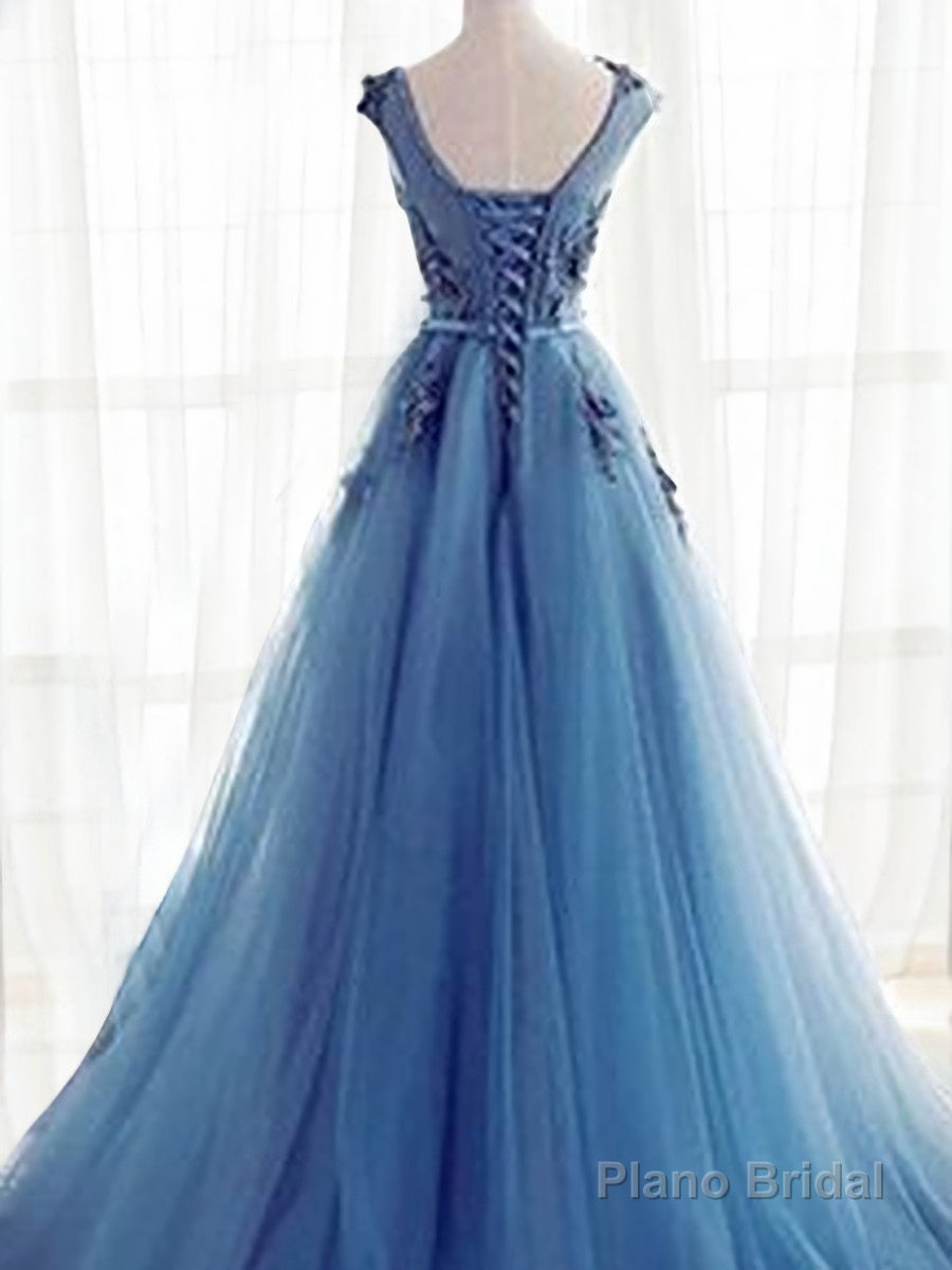 Ball Gown Jewel Sweep Train Tulle Evening Dresses With Appliques Lace Secondary image