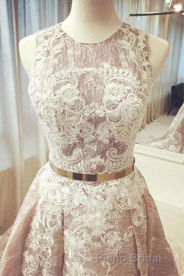 Gorgeous Round Neck Sleeveless Lace Formal Prom Dresses Sweep Train with Appliques