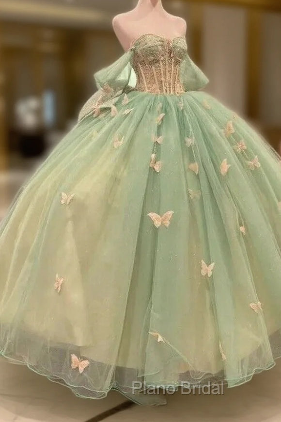 Ball Gown Light Green Tulle Quinceanera Dresses With Butterflies