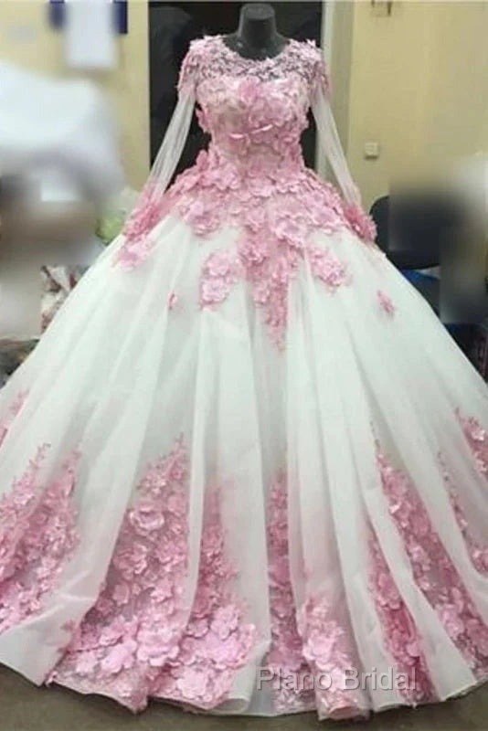 Ball Gown Long Sleeve Tulle Formal Prom Flowers Wedding Dresses