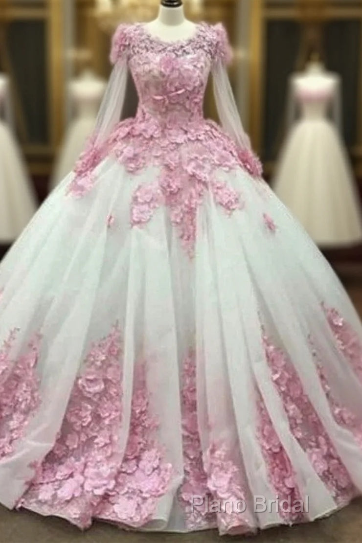 Ball Gown Long Sleeve Tulle Formal Prom Flowers Wedding Dresses Main image