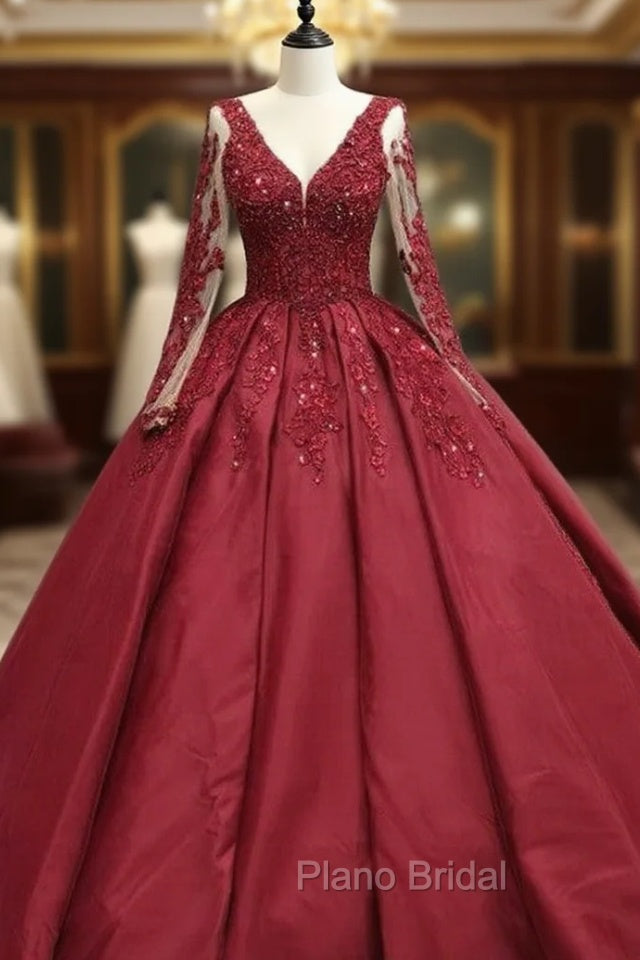 Ball Gown Long Sleeves Lace Appliques Satin V Neck Dresses Main image