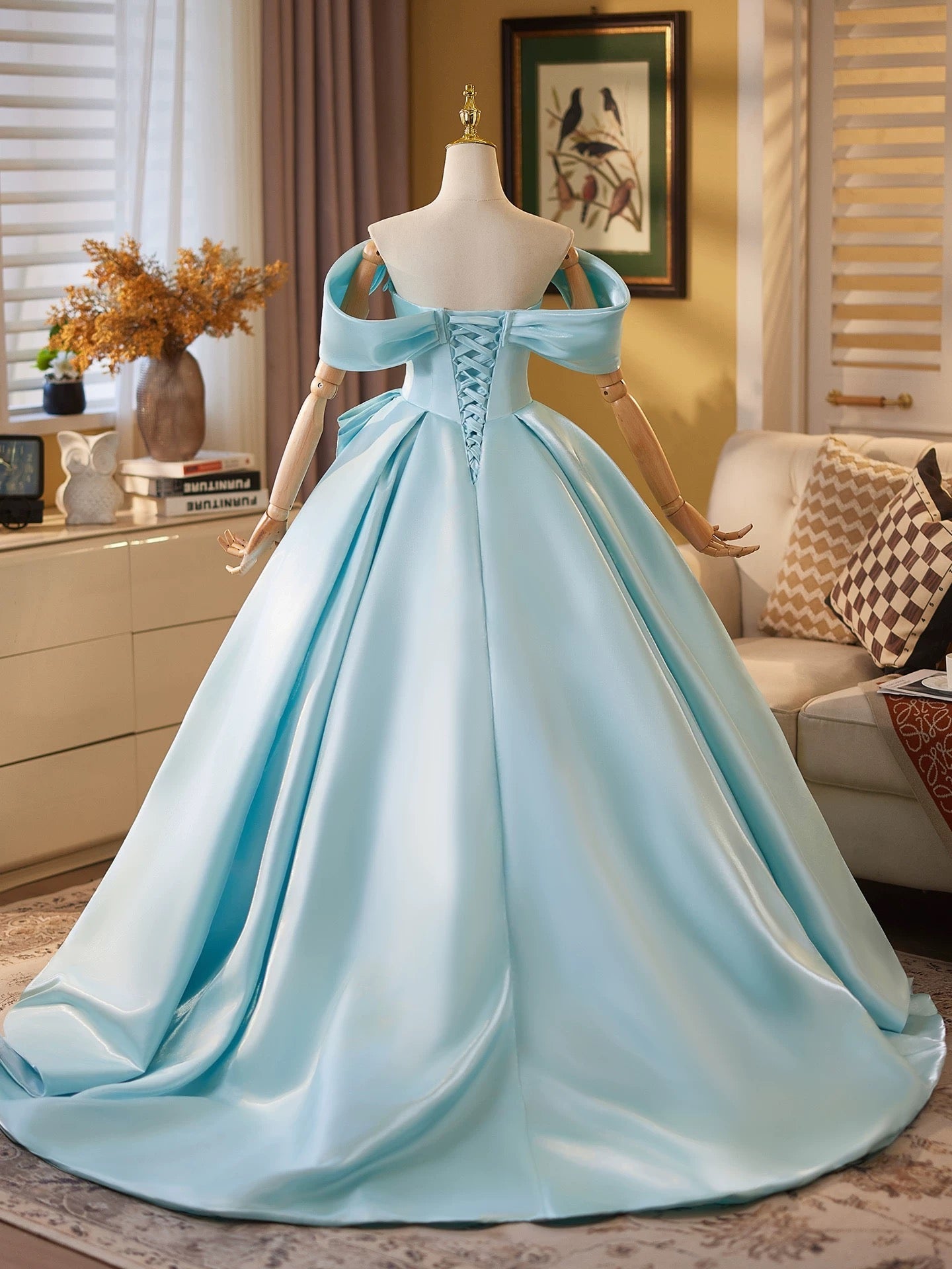 Ball Gown Off Shoulder A-Line Satin Sweep Train Blue Long Formal Prom Dresses