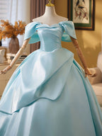 Ball Gown Off Shoulder A-Line Satin Sweep Train Blue Long Formal Prom Dresses