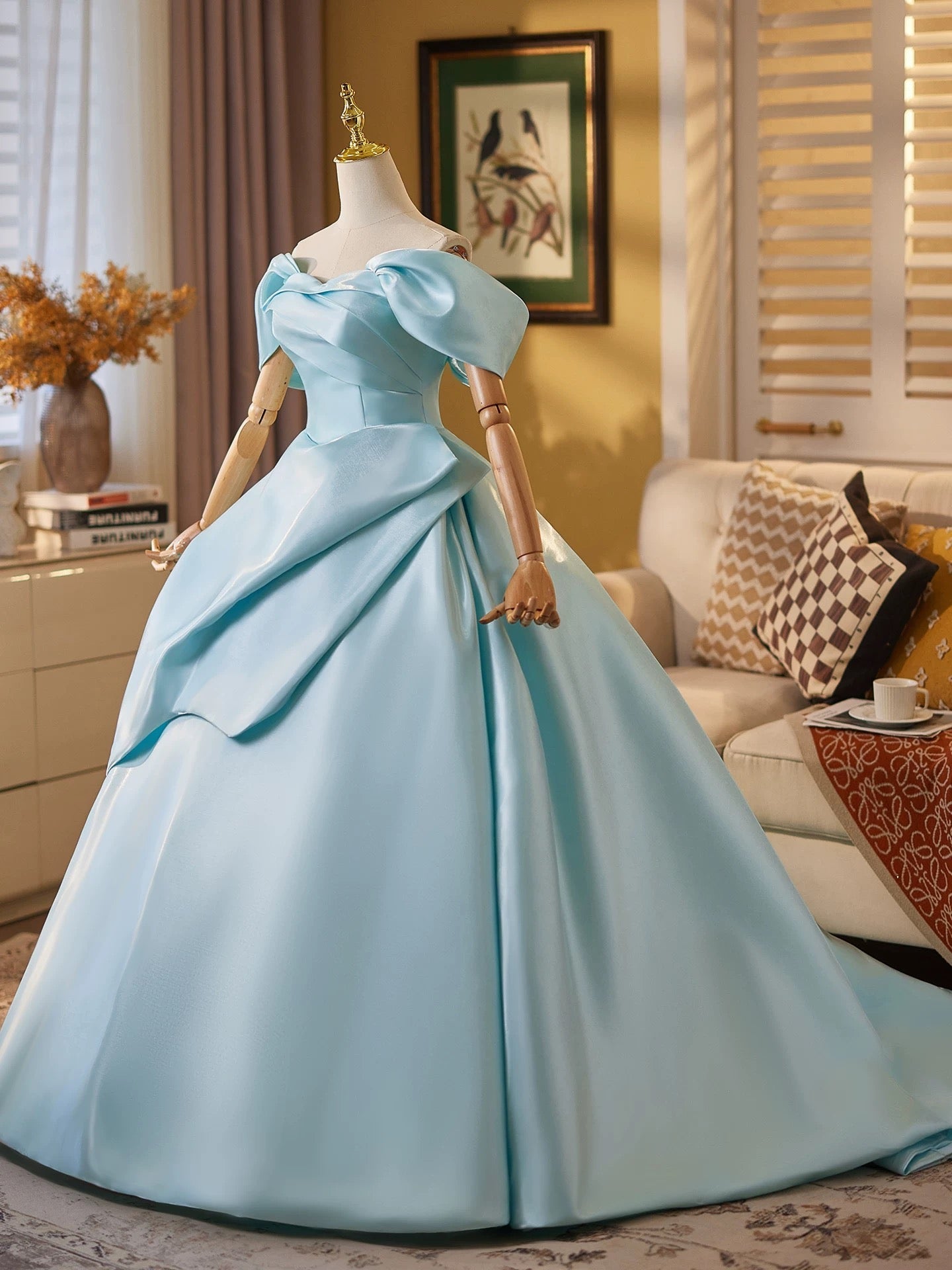 Ball Gown Off Shoulder A-Line Satin Sweep Train Blue Long Formal Prom Dresses