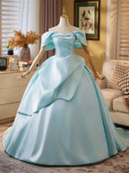 Ball Gown Off Shoulder A-Line Satin Sweep Train Blue Long Formal Prom Dresses