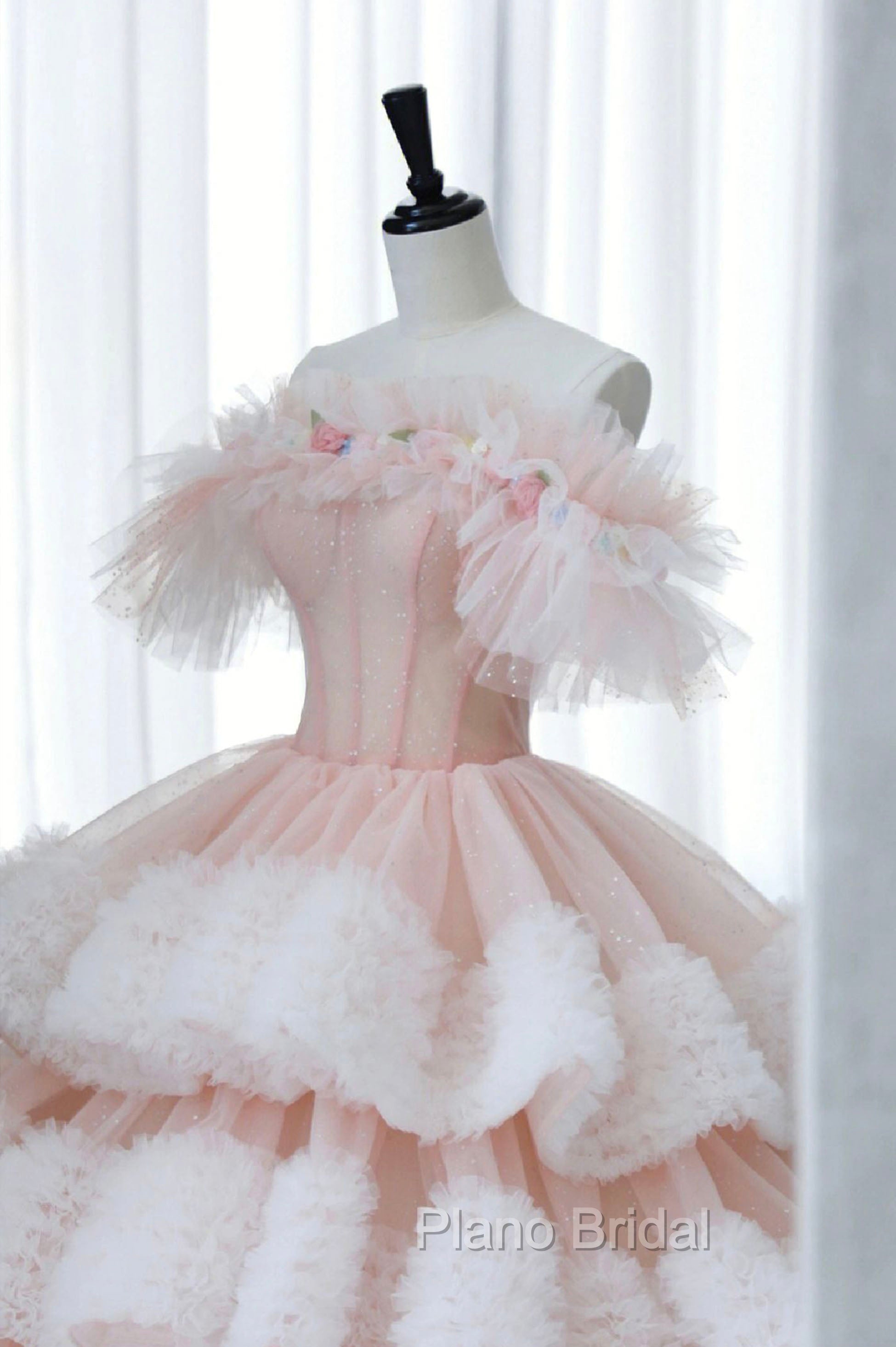 Ball Gown Off Shoulder Pink Tulle Long Formal Prom Dresses, Sweet 16 Dresses Secondary image