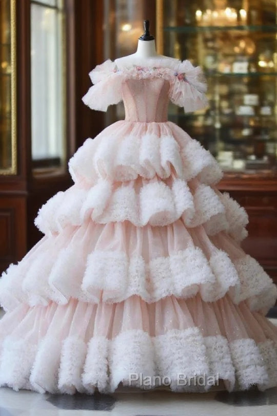 Ball Gown Off Shoulder Pink Tulle Long Formal Prom Dresses, Sweet 16 Dresses