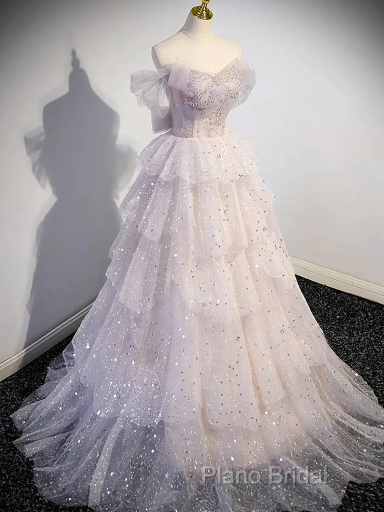 Ball Gown Off Shoulder Tulle Sequin Light Pink Long Formal Prom Dresses