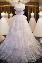 Ball Gown Off Shoulder Tulle Sequin Light Pink Long Formal Prom Dresses