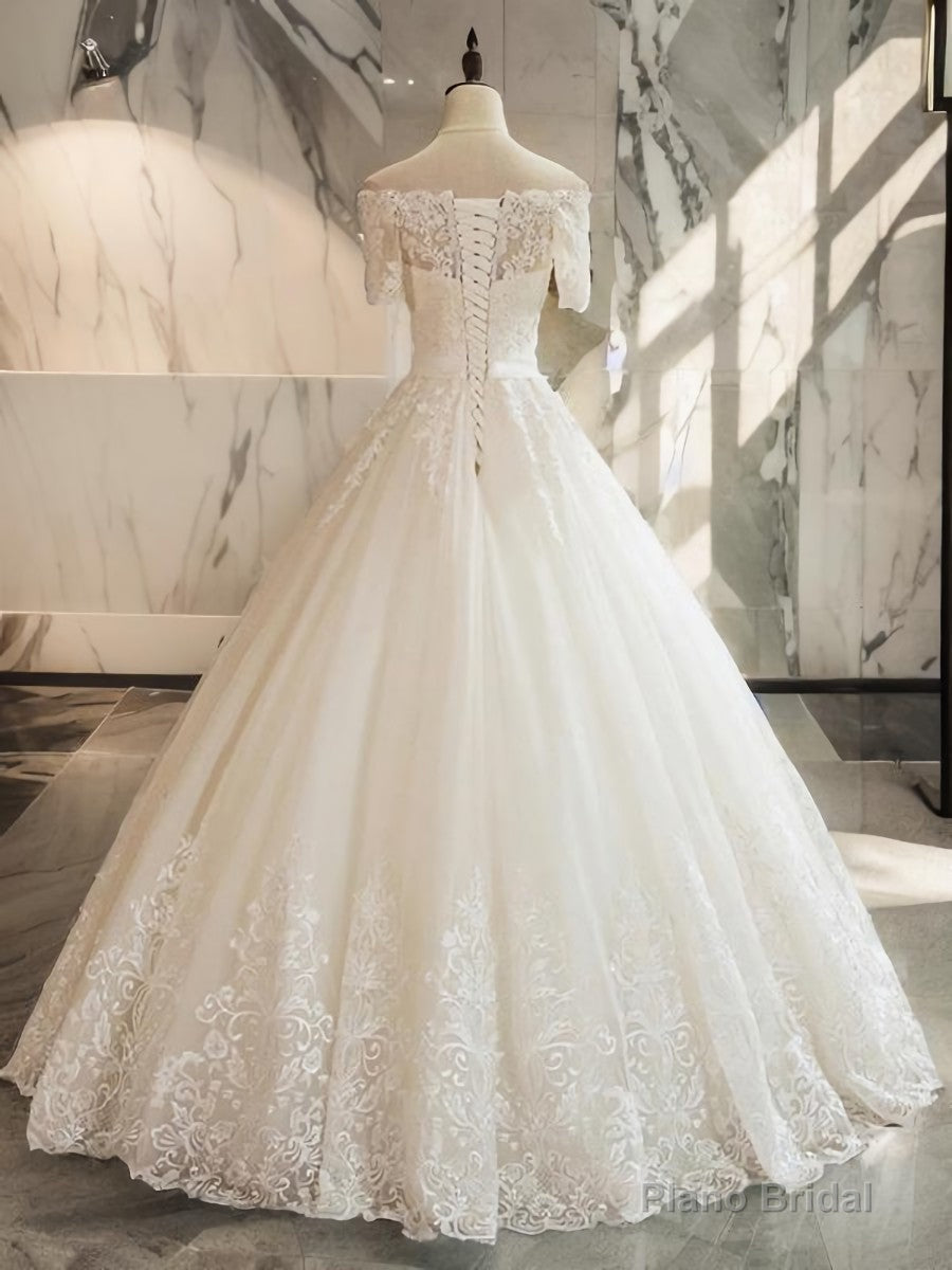 Ball-Gown Off-the-Shoulder 1/2 Sleeves Appliques Lace Floor-Length Tulle Wedding Dress Secondary image