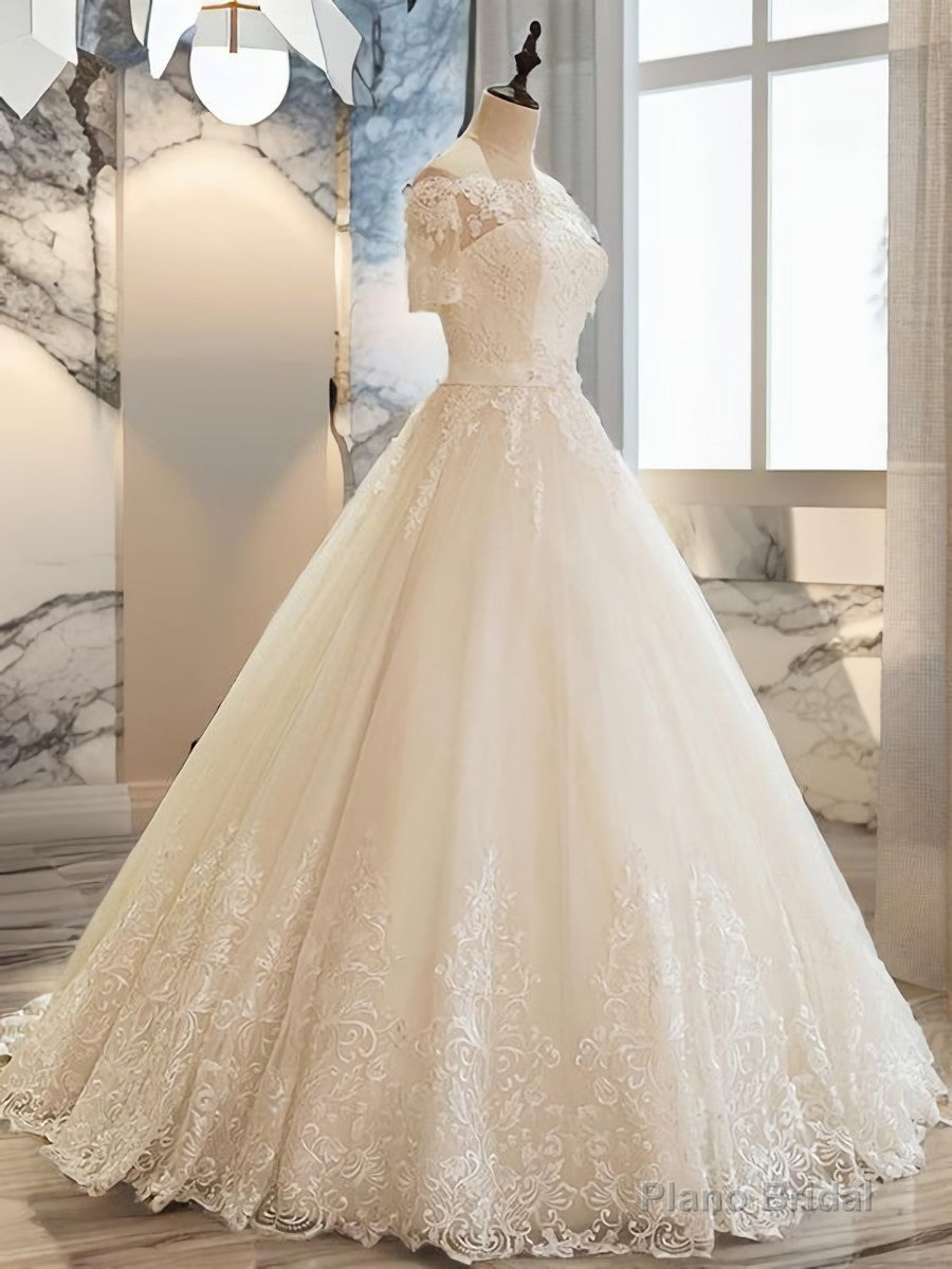 Ball-Gown Off-the-Shoulder 1/2 Sleeves Appliques Lace Floor-Length Tulle Wedding Dress Main image