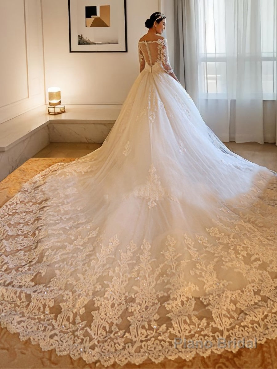 Ball Gown Off-the-Shoulder Cathedral Train Tulle Wedding Dresses With Beading Secondary image