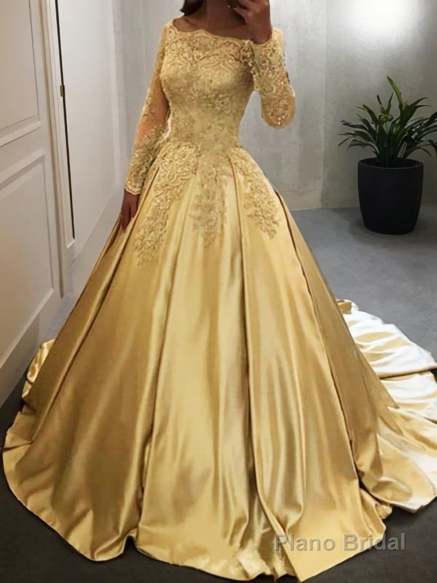 Ball Gown Off-the-Shoulder Floor-Length Satin Prom Dresses With Appliques Lace Main image