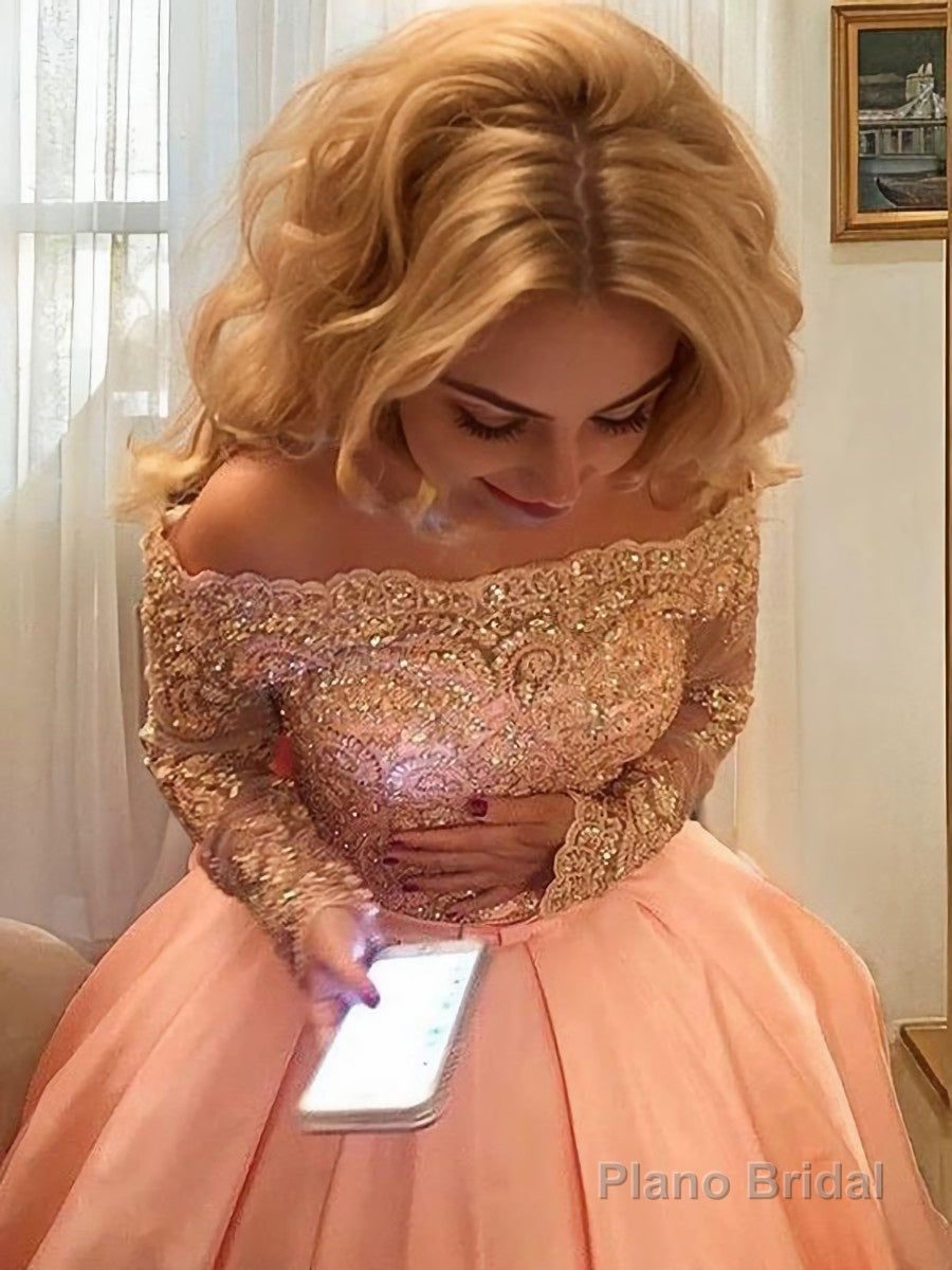 Ball Gown Off-the-Shoulder Court Train Satin Prom Dresses With Bow Main image