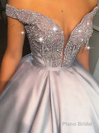 Ball Gown Off-the-Shoulder Floor-Length Satin Prom Dresses With Beading