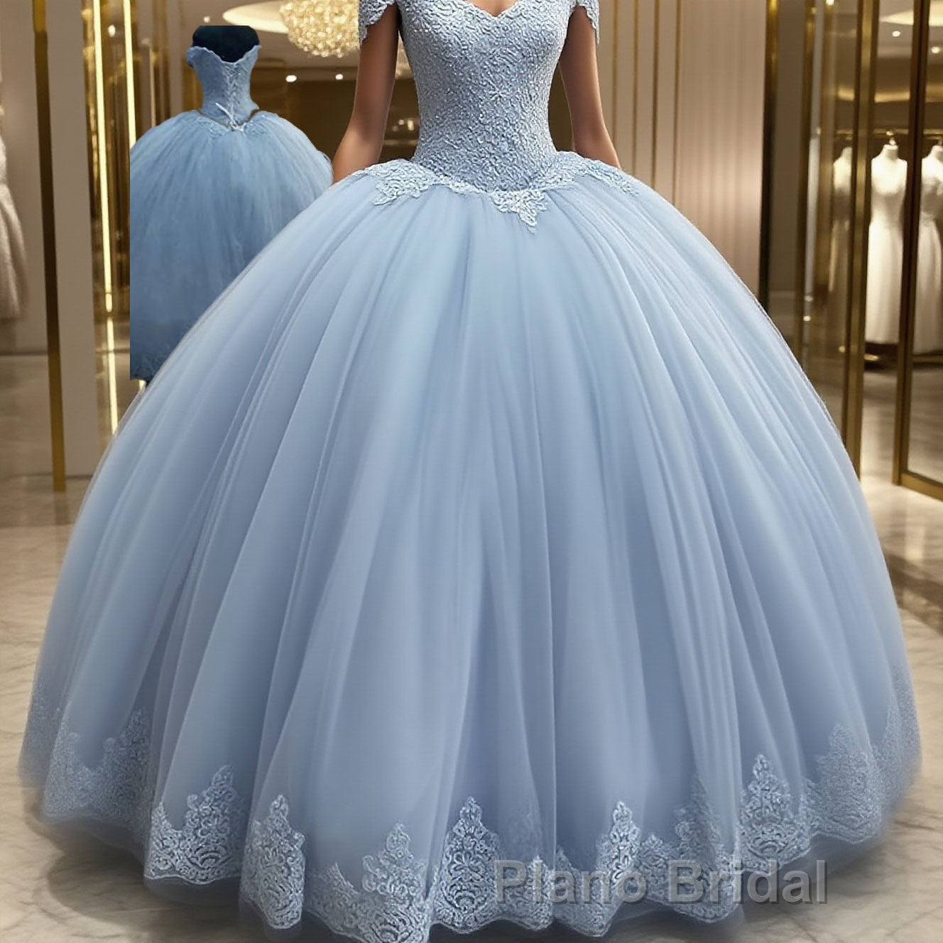 Ball Gown Off-the-Shoulder Floor-Length Tulle Formal Prom Dresses With Appliques Lace Main image
