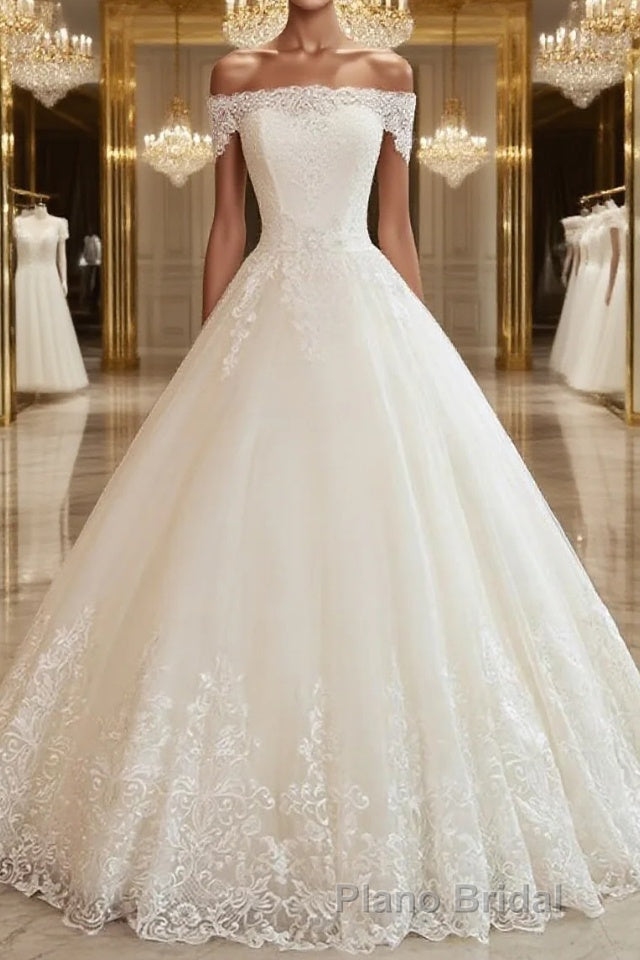 Ball Gown Off-the-Shoulder Floor-Length Tulle Wedding Dresses With Appliques Lace Main image