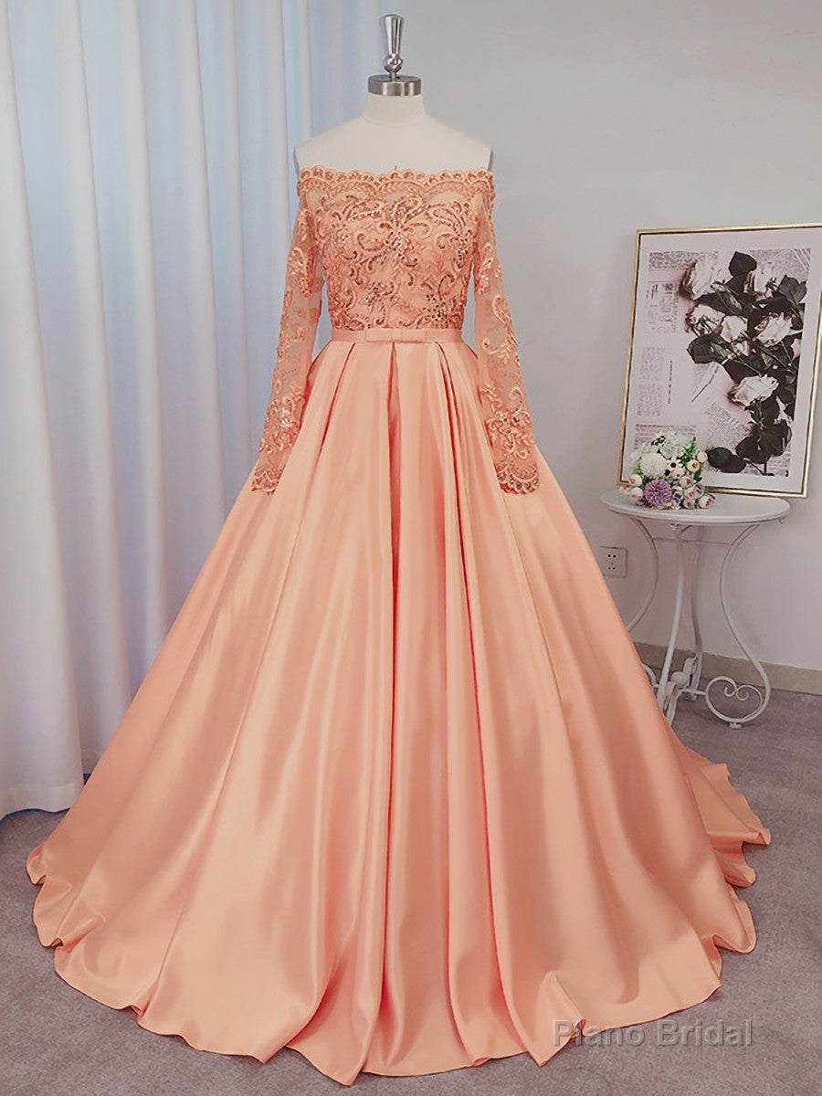 Ball-Gown Off-the-Shoulder Long Sleeves Bow Court Train Satin Dress Main image